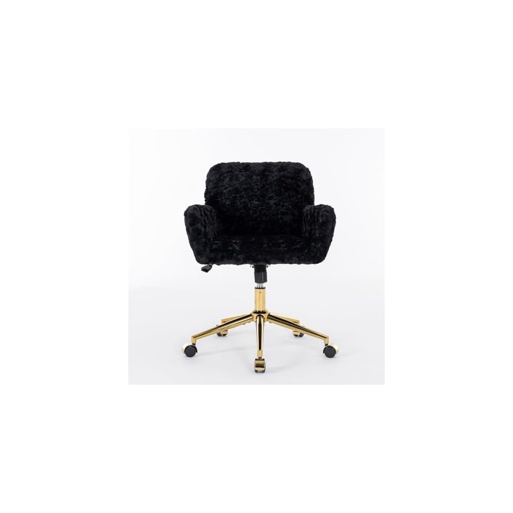 Home Office Chair,Artificial Rabbit Hair Chair with Golden Metal Base,Adjustable,Swivel,Vanity(Black)