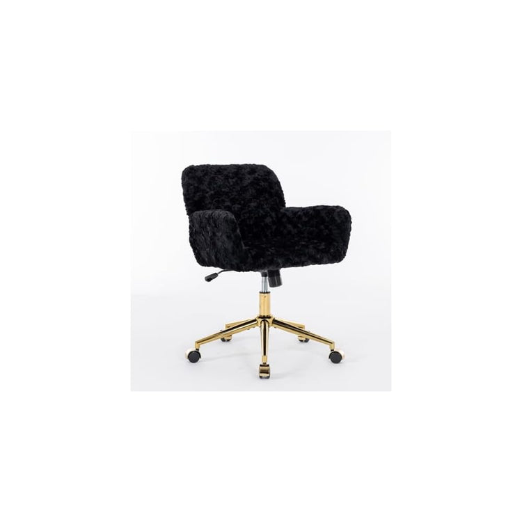 Home Office Chair,Artificial Rabbit Hair Chair with Golden Metal Base,Adjustable,Swivel,Vanity(Black)