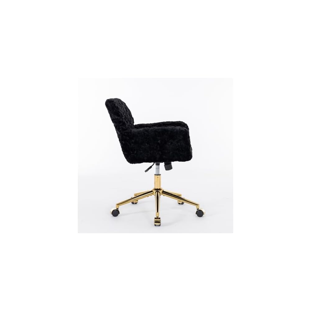 Home Office Chair,Artificial Rabbit Hair Chair with Golden Metal Base,Adjustable,Swivel,Vanity(Black)
