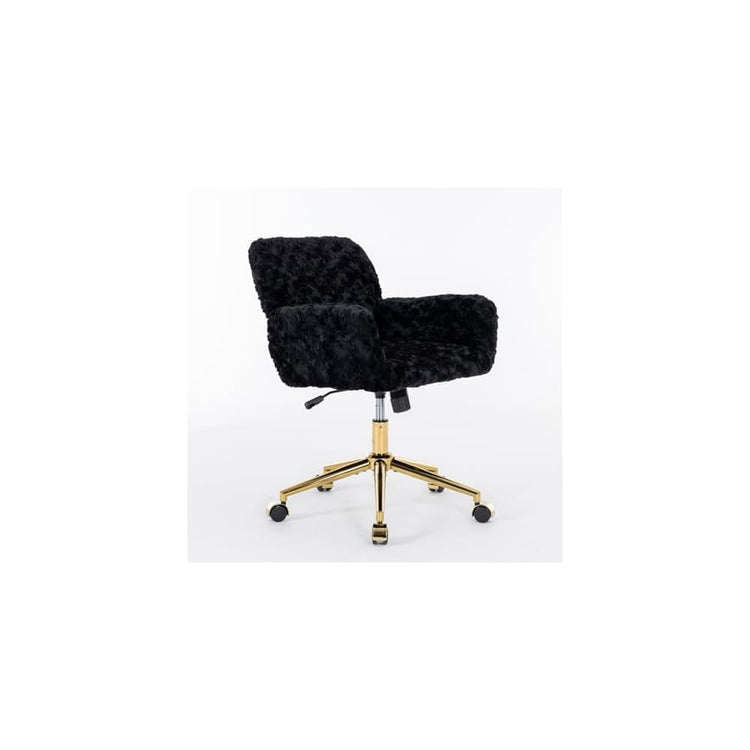 Home Office Chair,Artificial Rabbit Hair Chair with Golden Metal Base,Adjustable,Swivel,Vanity(Black)