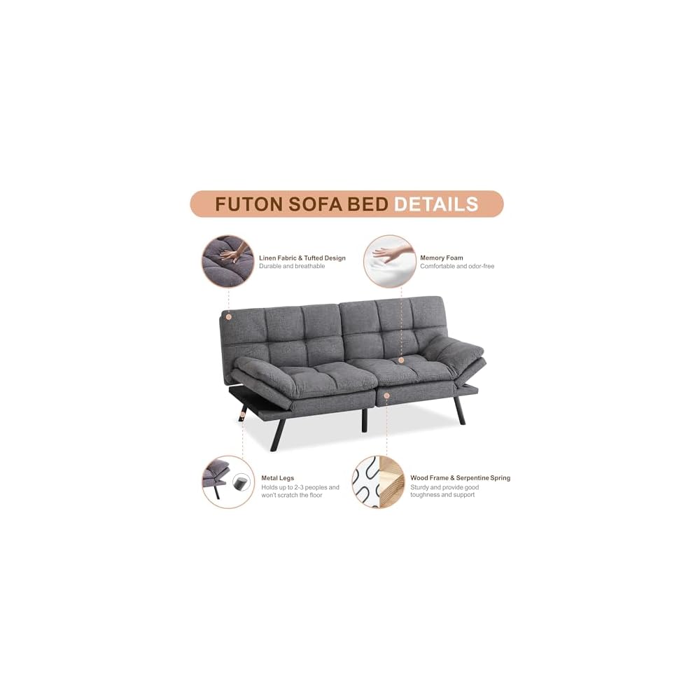 Opoiar Bed with Memory Foam, Convertible Futon Couch with Adjustable Armrests, Multifunctional Sofa Sets for Apartment, Office,Small Spaces Sofabed, Deep Grey