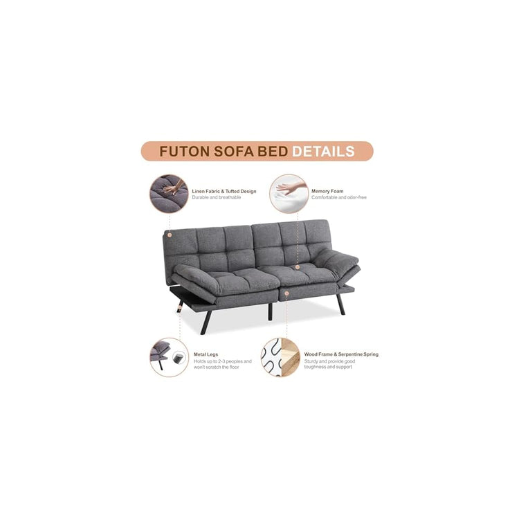 Opoiar Bed with Memory Foam, Convertible Futon Couch with Adjustable Armrests, Multifunctional Sofa Sets for Apartment, Office,Small Spaces Sofabed, Deep Grey