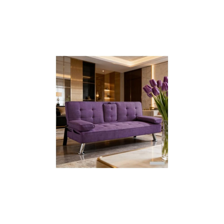 Sofa Bed Adjustment Sofa Double-Sided Double Sofa Folding Sofa Bed Guestbed,cupholder,Bed Modern PU and Polyester Lounge Chair (Purple)