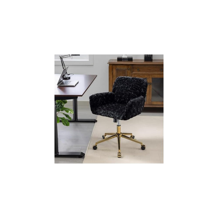 Home Office Chair,Artificial Rabbit Hair Chair with Golden Metal Base,Adjustable,Swivel,Vanity(Black)