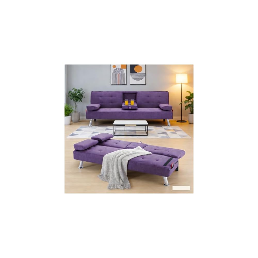Sofa Bed Adjustment Sofa Double-Sided Double Sofa Folding Sofa Bed Guestbed,cupholder,Bed Modern PU and Polyester Lounge Chair (Purple)