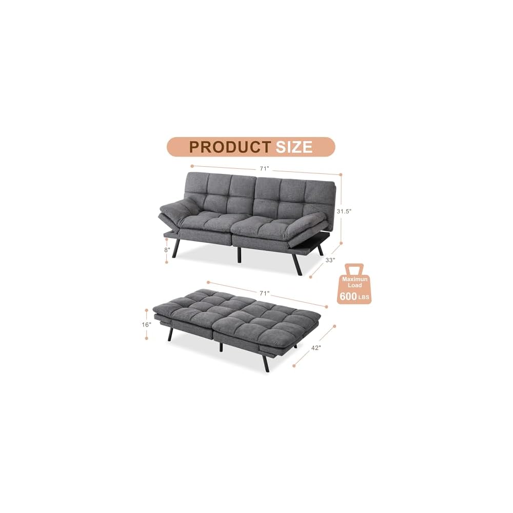 Opoiar Bed with Memory Foam, Convertible Futon Couch with Adjustable Armrests, Multifunctional Sofa Sets for Apartment, Office,Small Spaces Sofabed, Deep Grey