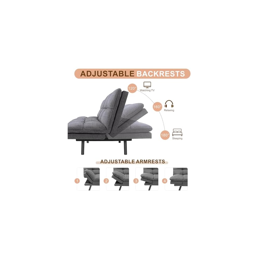 Opoiar Bed with Memory Foam, Convertible Futon Couch with Adjustable Armrests, Multifunctional Sofa Sets for Apartment, Office,Small Spaces Sofabed, Deep Grey