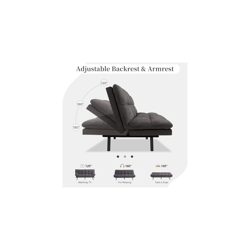 Opoiar Futon Sofa Bed Convertible Memory Foam Couch Bed, Modern Sleeper Sofa with Adjustable Armrests&Backrests, Christmas Futon Sets for Compact Living Spaces Office Dorm Bonus Room,Grey