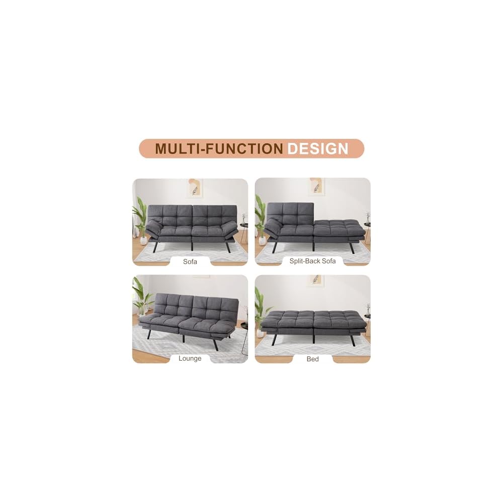 Opoiar Bed with Memory Foam, Convertible Futon Couch with Adjustable Armrests, Multifunctional Sofa Sets for Apartment, Office,Small Spaces Sofabed, Deep Grey