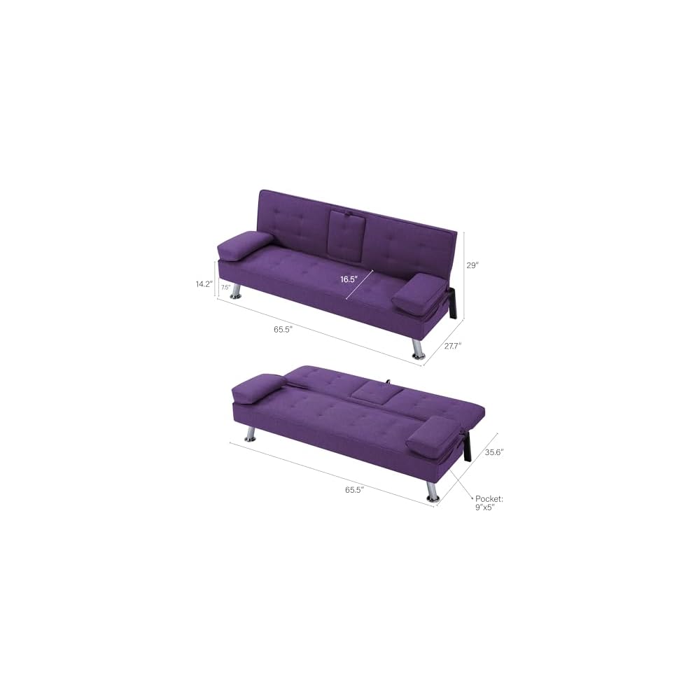 Sofa Bed Adjustment Sofa Double-Sided Double Sofa Folding Sofa Bed Guestbed,cupholder,Bed Modern PU and Polyester Lounge Chair (Purple)