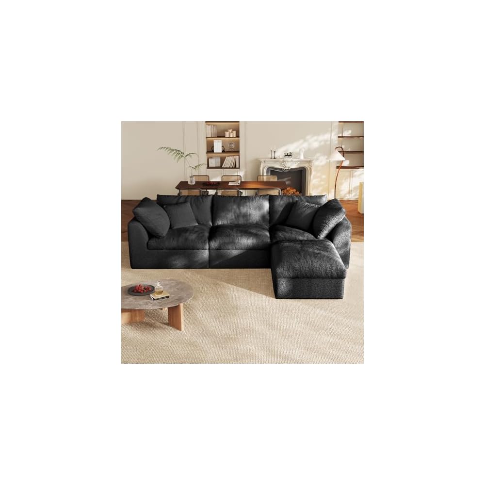 Cloud Sectional Couches, 108" L-Shape Boneless Sofa, Modular Sectional Sofa for Living Room,Freely Configurable,Deep Seating,Non-Slip Bottom, No Assembly Required(3 Seater+1 Ottoman (Black)