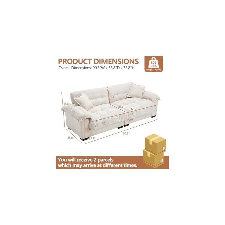 KIVENJAJA 90.5”W Oversized Cloud Loveseat Sofa, Modern Chenille Tufted Deep Seat Sectional Couch, Overstuffed Comfy Love seat with Pillows for Living Room Apartment Small Space, Beige