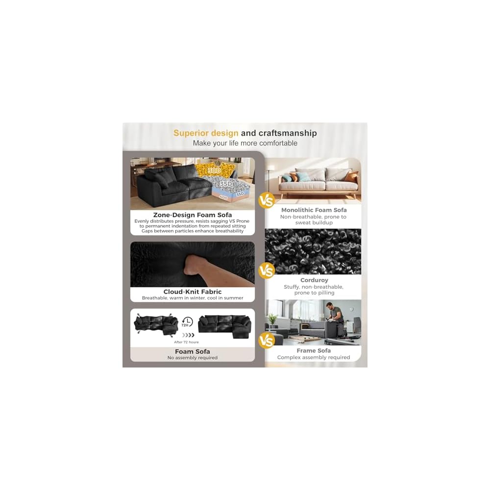Cloud Sectional Couches, 108" L-Shape Boneless Sofa, Modular Sectional Sofa for Living Room,Freely Configurable,Deep Seating,Non-Slip Bottom, No Assembly Required(3 Seater+1 Ottoman (Black)