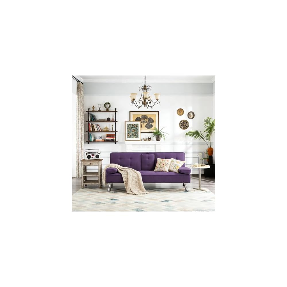Sofa Bed Adjustment Sofa Double-Sided Double Sofa Folding Sofa Bed Guestbed,cupholder,Bed Modern PU and Polyester Lounge Chair (Purple)