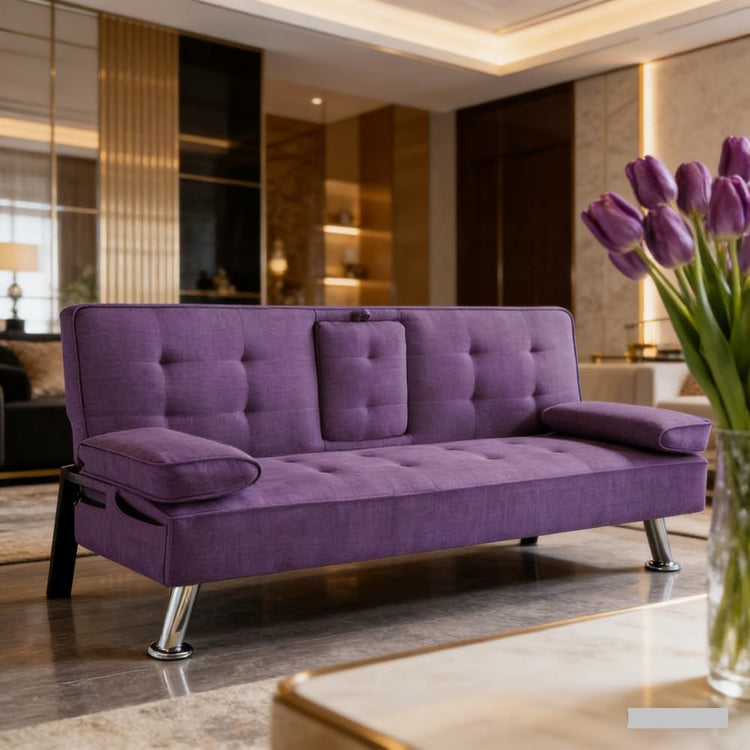 Sofa Bed Adjustment Sofa Double-Sided Double Sofa Folding Sofa Bed Guestbed,cupholder,Bed Modern PU and Polyester Lounge Chair (Purple)