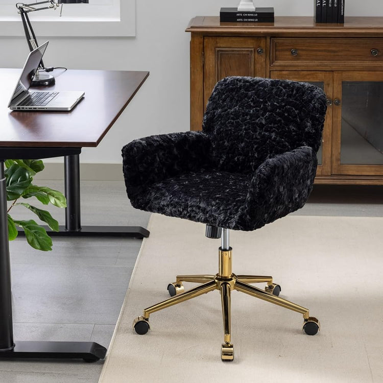 Home Office Chair,Artificial Rabbit Hair Chair with Golden Metal Base,Adjustable,Swivel,Vanity(Black)