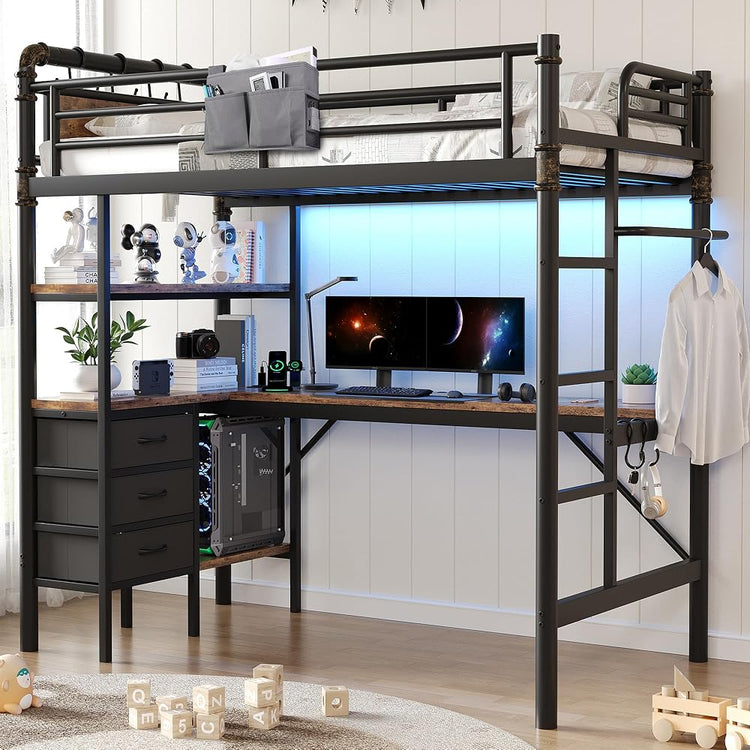 Twin Size Loft Bed with L-Shaped Desk, LED Lights,Charging Station, Industrial Heavy Duty Metal Loft Bed Frame with 3 Storage Shelves and 3 Fabric Drawers, Safety Guard & Ladder, Vintage Brown