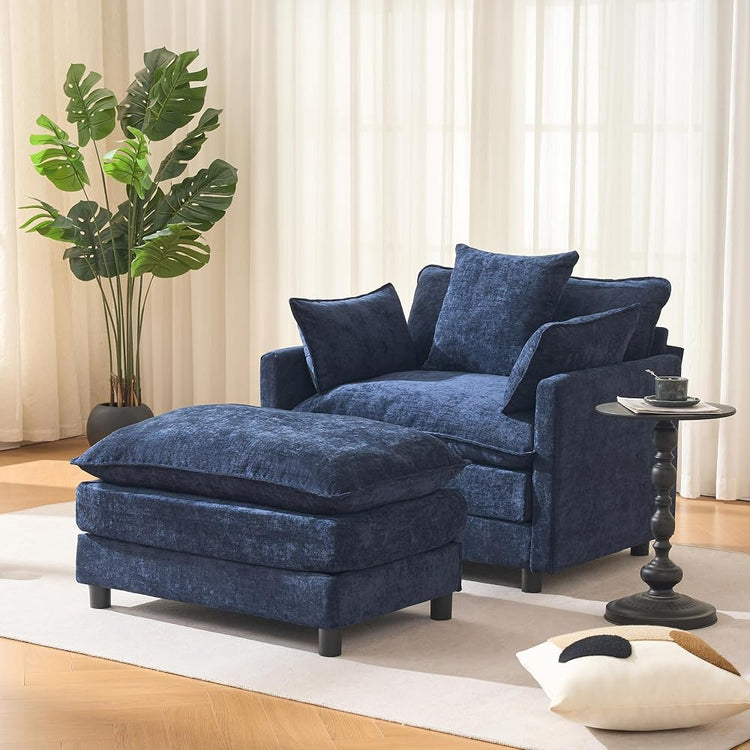 55" Chenille Upholstered Boneless Couch, Single Sofa with Solid Wood Frame, Couch Small with Simple Assembly for Apartment Space, Blue